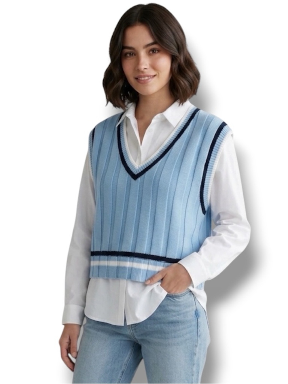 Ultra Flirt Sweater Vest Y2K Light Blue Striped V-Neck Cropped Preppy Tennis M